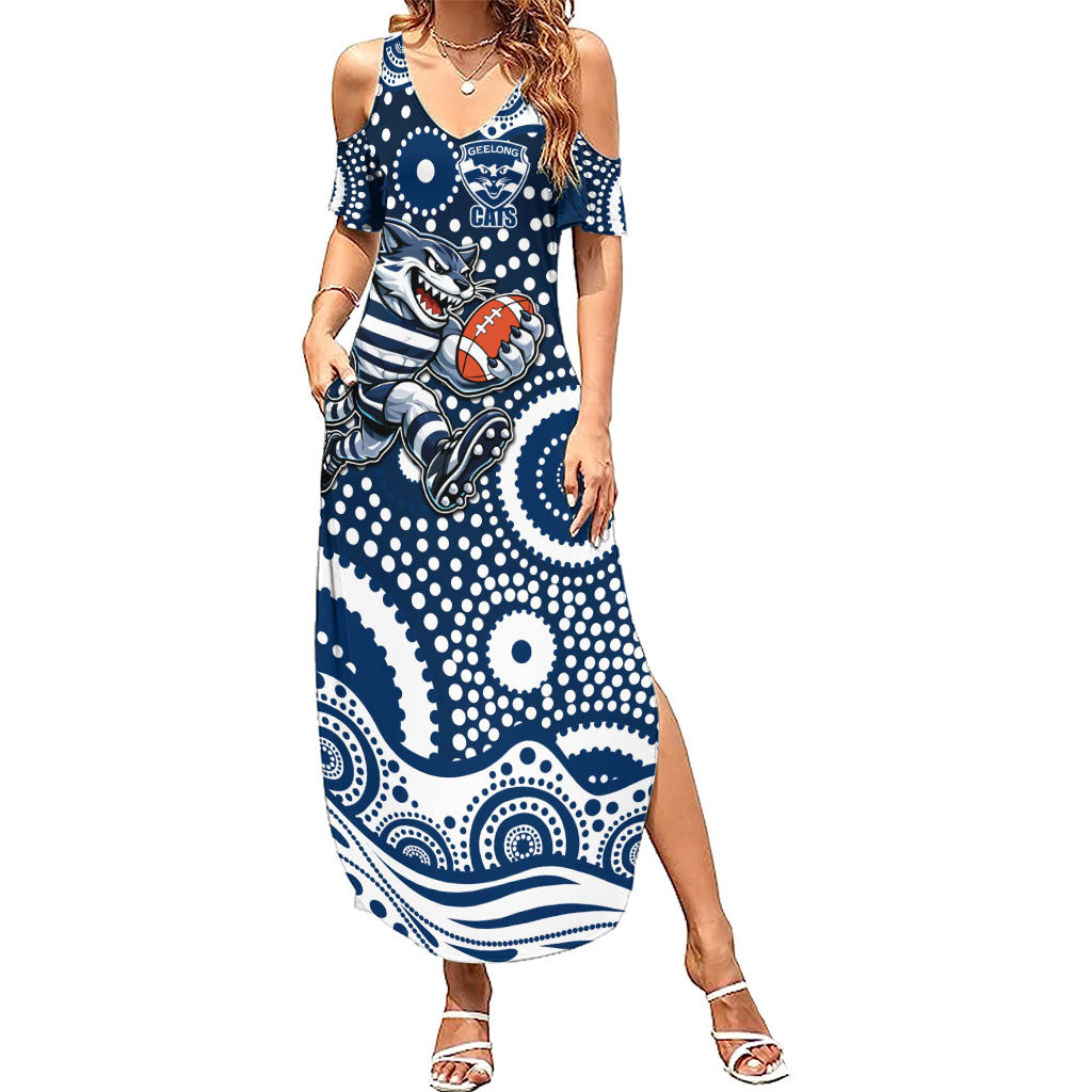 Geelong Cats Summer Maxi Dress Aboriginal Dot Pattern - Football Mascot Heritage Pride