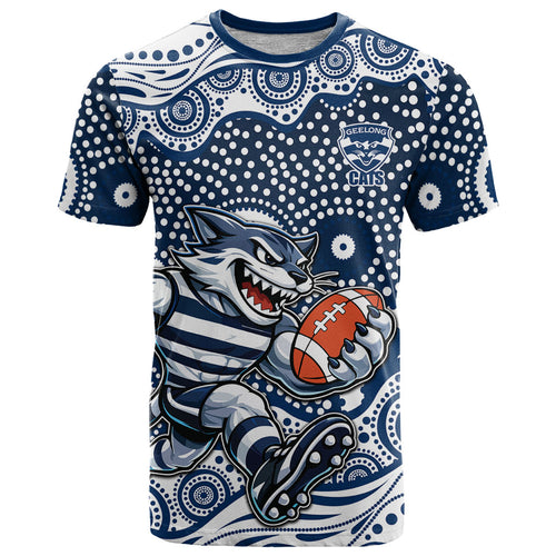 Geelong Cats T Shirt Aboriginal Dot Pattern - Football Mascot Heritage Pride