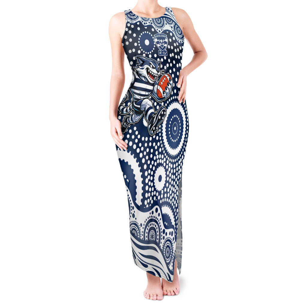 Geelong Cats Tank Maxi Dress Aboriginal Dot Pattern - Football Mascot Heritage Pride