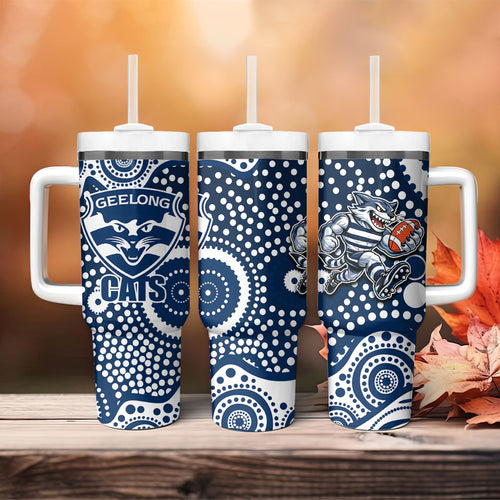 Geelong Cats Tumbler With Handle Aboriginal Dot Pattern - Football Mascot Heritage Pride