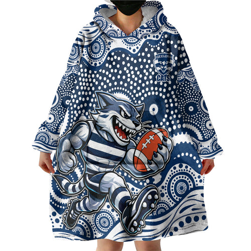 Geelong Cats Wearable Blanket Hoodie Aboriginal Dot Pattern - Football Mascot Heritage Pride