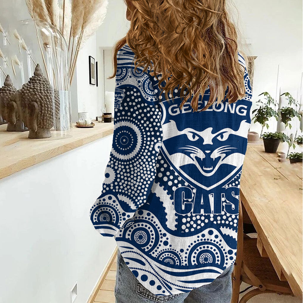 Geelong Cats Women Casual Shirt Aboriginal Dot Pattern - Football Mascot Heritage Pride