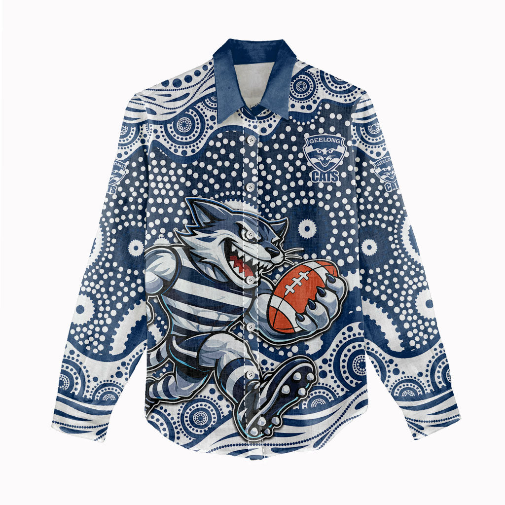 Geelong Cats Women Casual Shirt Aboriginal Dot Pattern - Football Mascot Heritage Pride