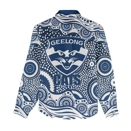 Geelong Cats Women Casual Shirt Aboriginal Dot Pattern - Football Mascot Heritage Pride