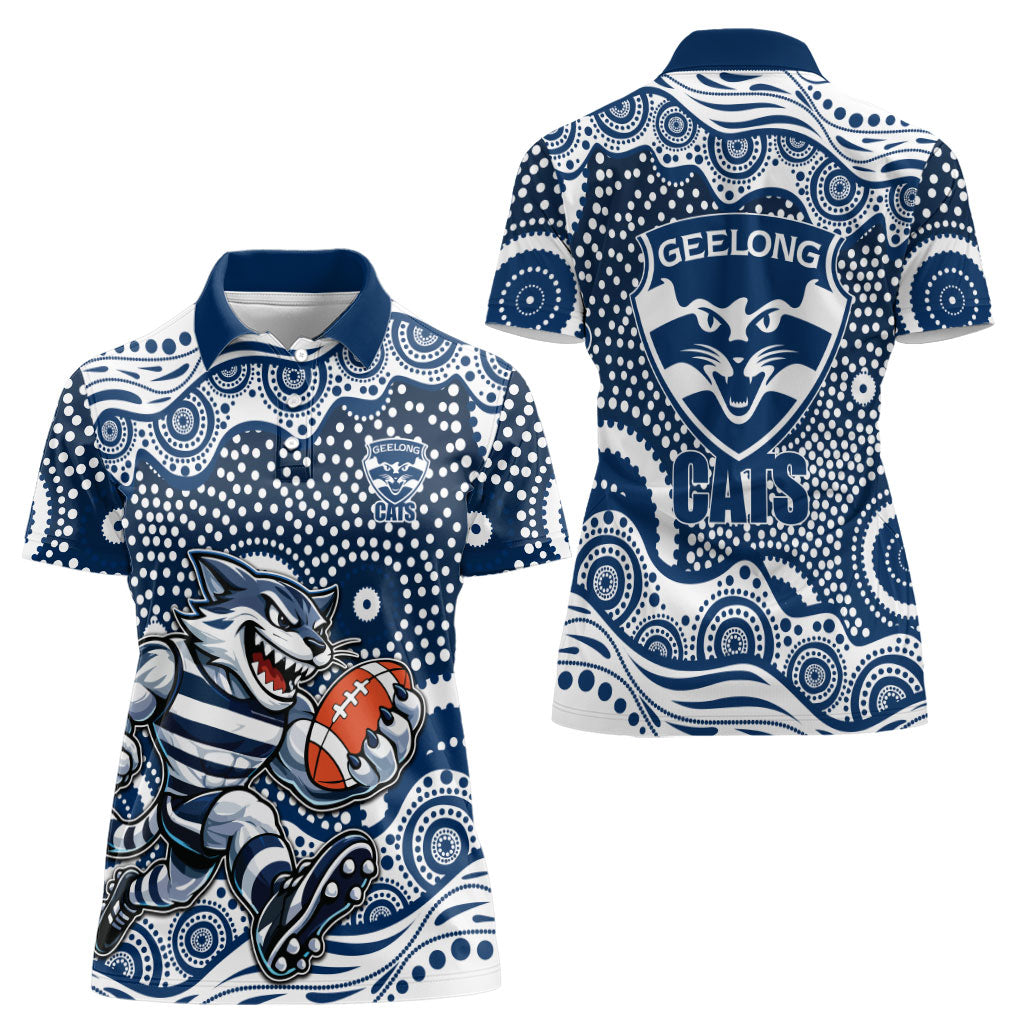 Geelong Cats Women Polo Shirt Aboriginal Dot Pattern - Football Mascot Heritage Pride