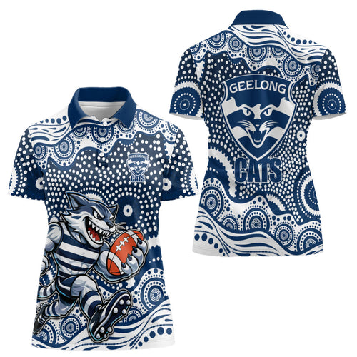 Geelong Cats Women Polo Shirt Aboriginal Dot Pattern - Football Mascot Heritage Pride