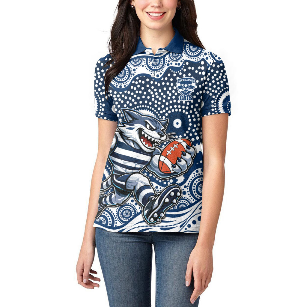Geelong Cats Women Polo Shirt Aboriginal Dot Pattern - Football Mascot Heritage Pride