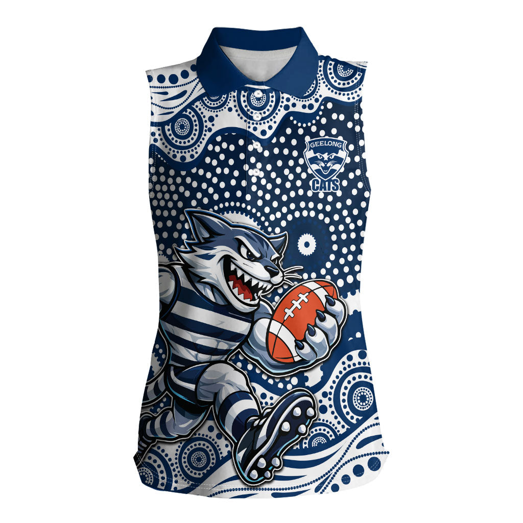 Geelong Cats Women Sleeveless Polo Shirt Aboriginal Dot Pattern - Football Mascot Heritage Pride