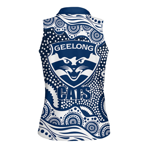 Geelong Cats Women Sleeveless Polo Shirt Aboriginal Dot Pattern - Football Mascot Heritage Pride