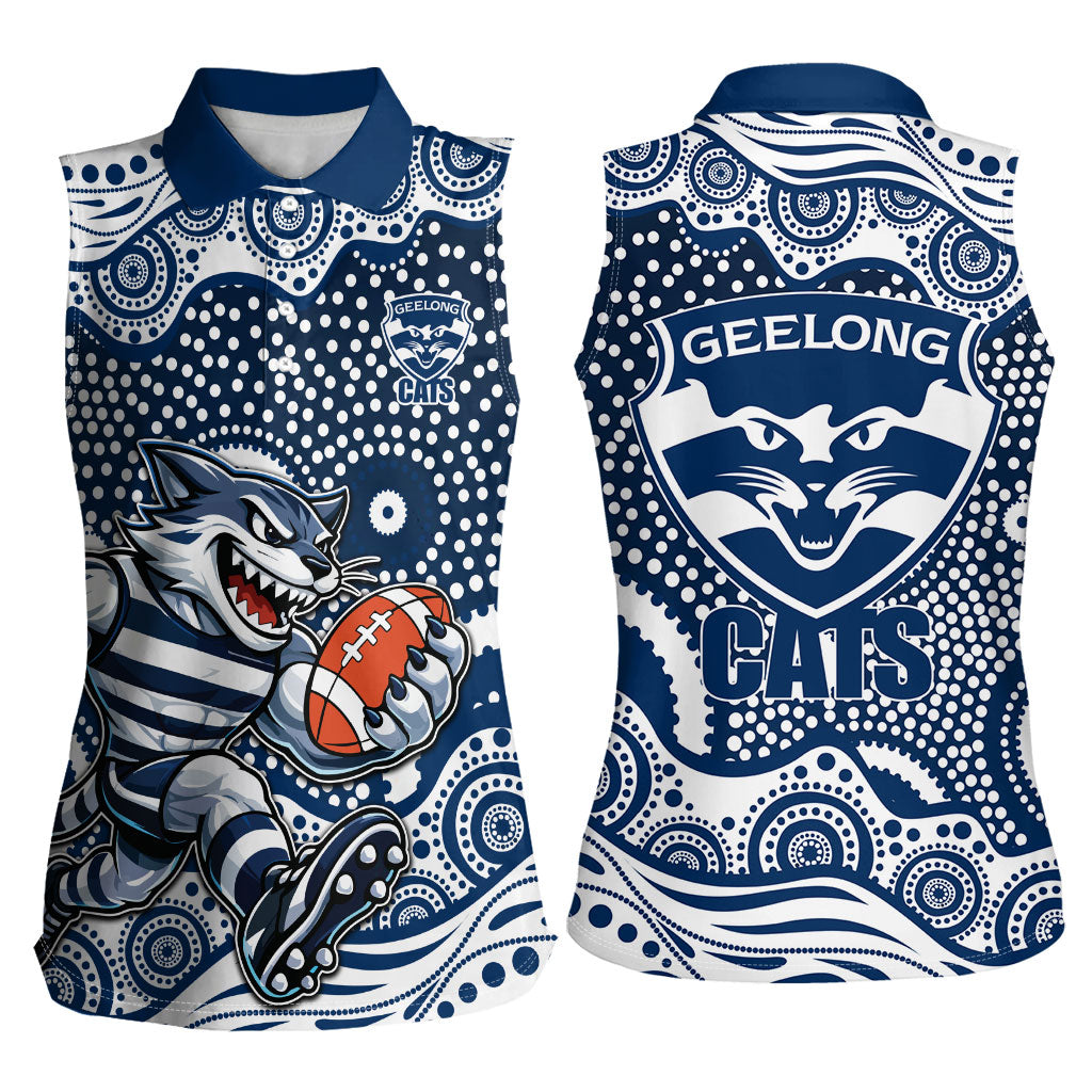 Geelong Cats Women Sleeveless Polo Shirt Aboriginal Dot Pattern - Football Mascot Heritage Pride