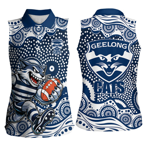 Geelong Cats Women Sleeveless Polo Shirt Aboriginal Dot Pattern - Football Mascot Heritage Pride