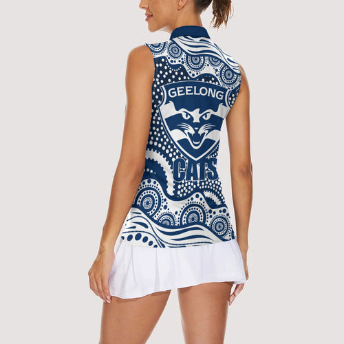 Geelong Cats Women Sleeveless Polo Shirt Aboriginal Dot Pattern - Football Mascot Heritage Pride