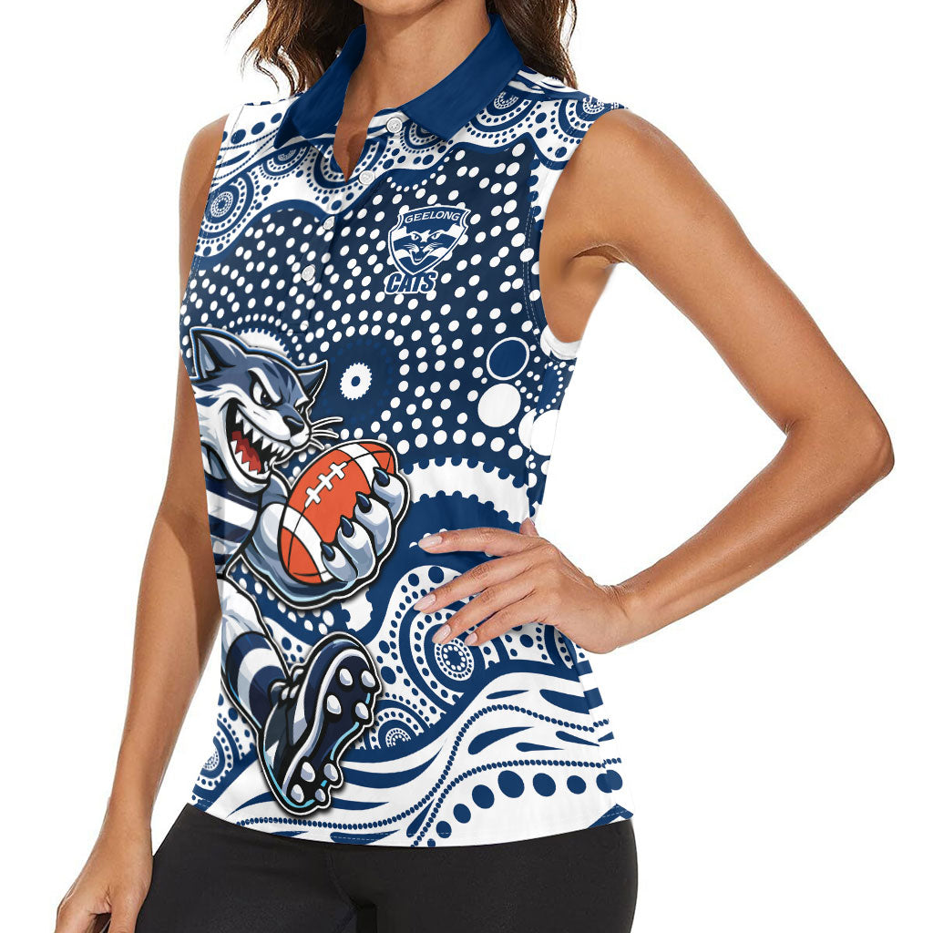 Geelong Cats Women Sleeveless Polo Shirt Aboriginal Dot Pattern - Football Mascot Heritage Pride