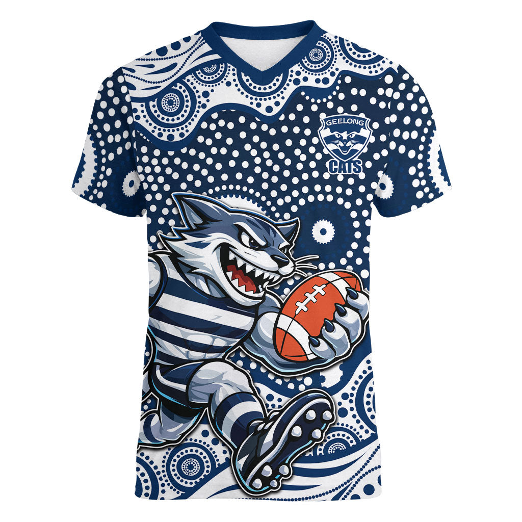 Geelong Cats Women V-Neck T-Shirt Aboriginal Dot Pattern - Football Mascot Heritage Pride