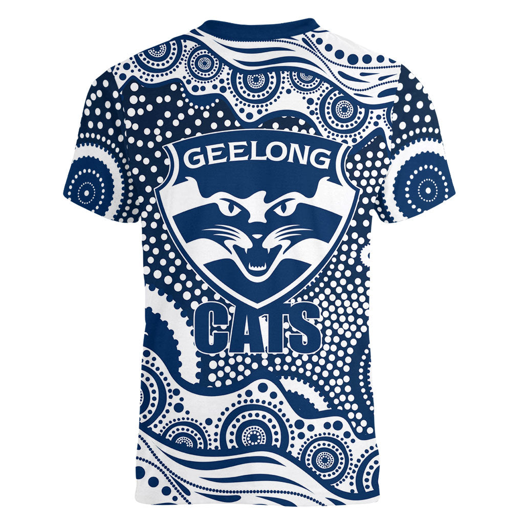 Geelong Cats Women V-Neck T-Shirt Aboriginal Dot Pattern - Football Mascot Heritage Pride
