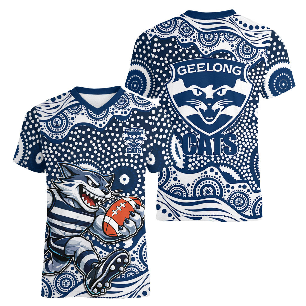 Geelong Cats Women V-Neck T-Shirt Aboriginal Dot Pattern - Football Mascot Heritage Pride
