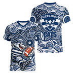 Geelong Cats Women V-Neck T-Shirt Aboriginal Dot Pattern - Football Mascot Heritage Pride