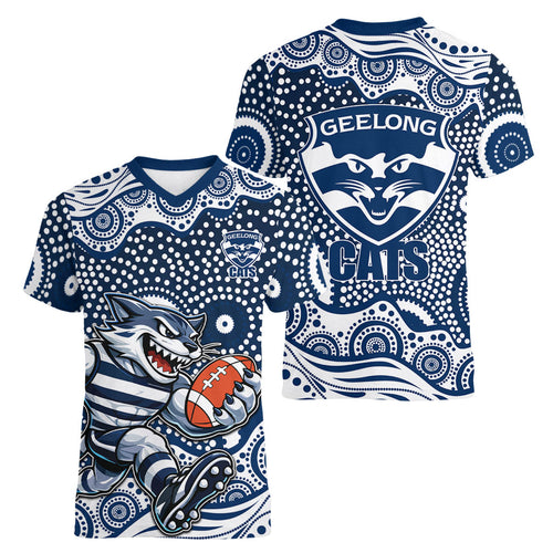 Geelong Cats Women V-Neck T-Shirt Aboriginal Dot Pattern - Football Mascot Heritage Pride