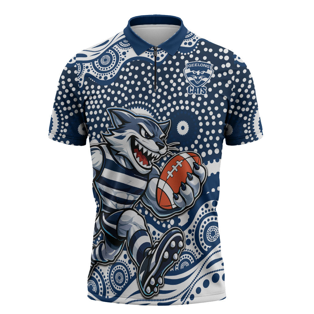 Geelong Cats Zipper Polo Shirt Aboriginal Dot Pattern - Football Mascot Heritage Pride
