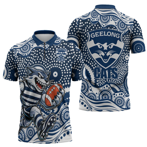 Geelong Cats Zipper Polo Shirt Aboriginal Dot Pattern - Football Mascot Heritage Pride