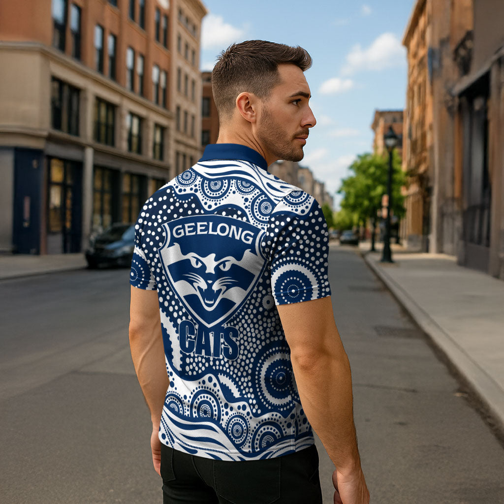 Geelong Cats Zipper Polo Shirt Aboriginal Dot Pattern - Football Mascot Heritage Pride