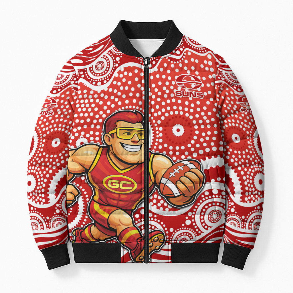 Gold Coast Suns Bomber Puffer Jacket Aboriginal Dot Pattern - Football Mascot Heritage Pride