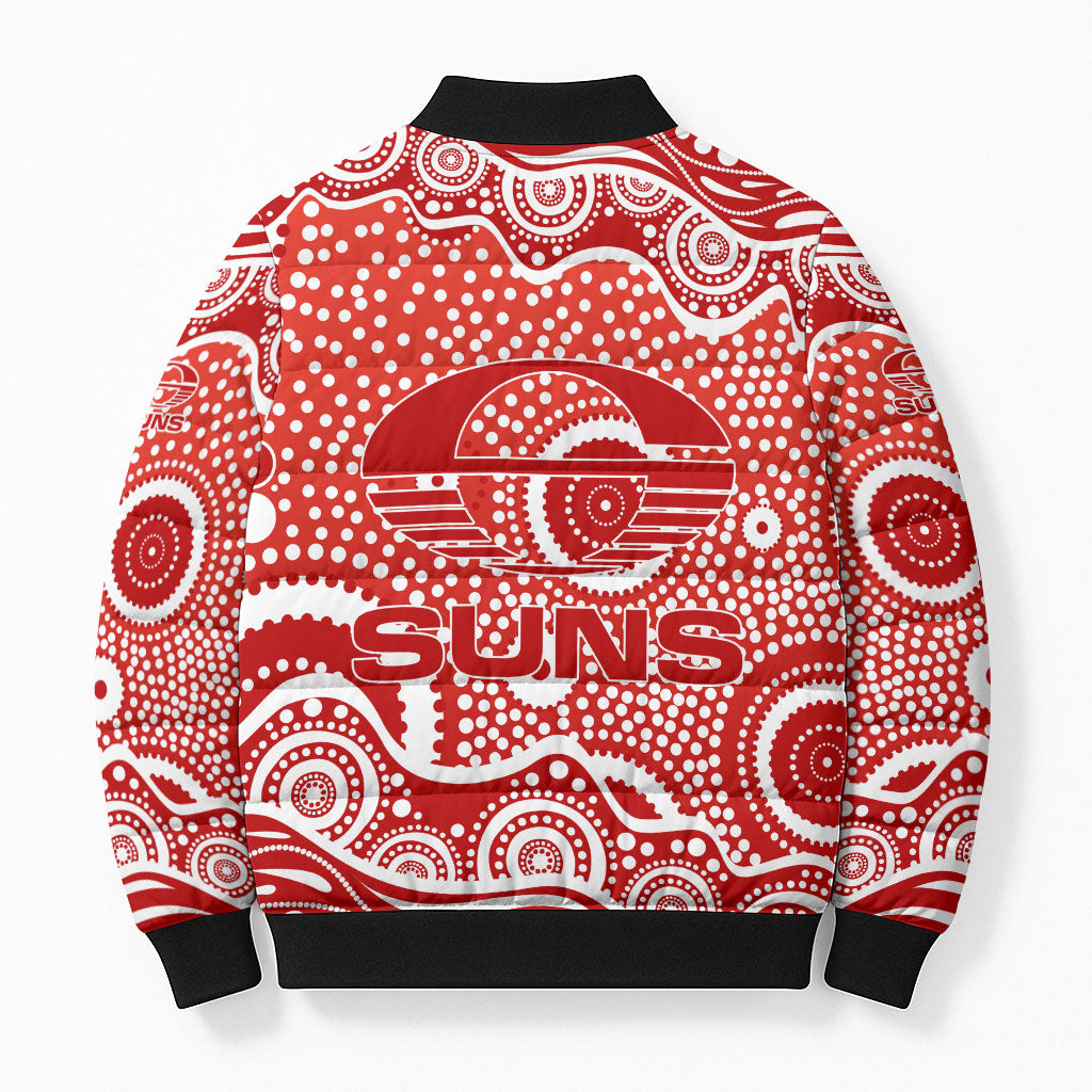 Gold Coast Suns Bomber Puffer Jacket Aboriginal Dot Pattern - Football Mascot Heritage Pride