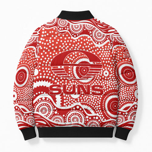 Gold Coast Suns Bomber Puffer Jacket Aboriginal Dot Pattern - Football Mascot Heritage Pride
