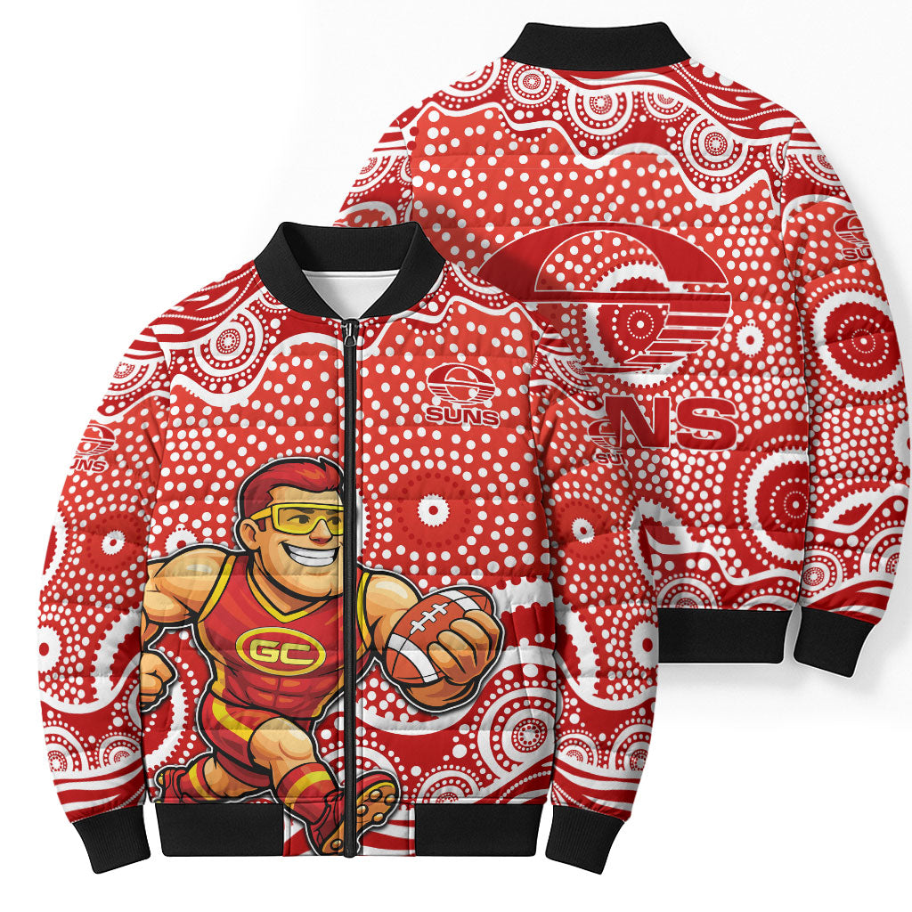 Gold Coast Suns Bomber Puffer Jacket Aboriginal Dot Pattern - Football Mascot Heritage Pride