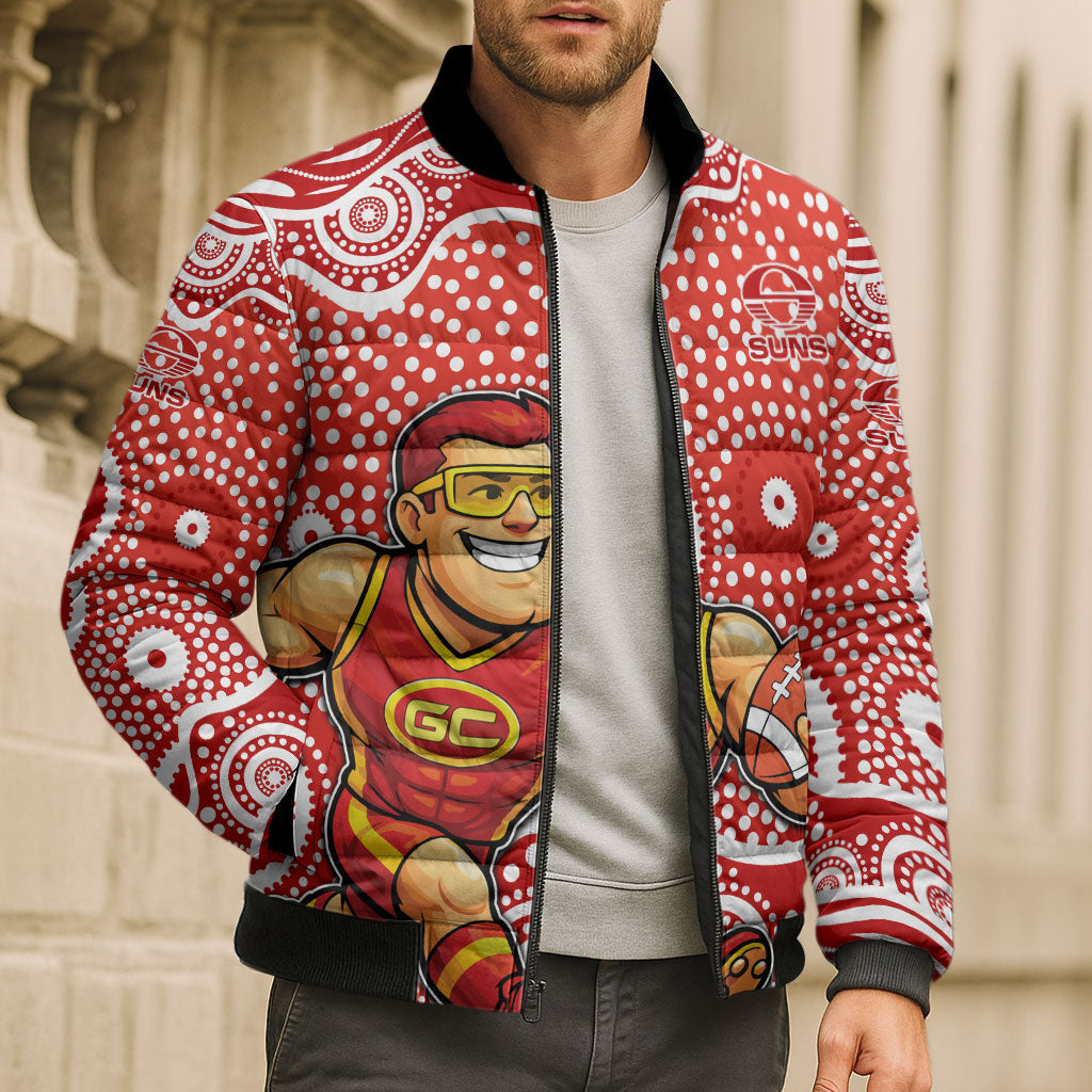 Gold Coast Suns Bomber Puffer Jacket Aboriginal Dot Pattern - Football Mascot Heritage Pride