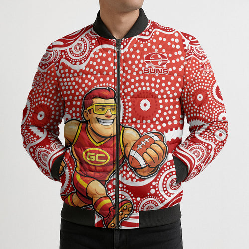 Gold Coast Suns Bomber Puffer Jacket Aboriginal Dot Pattern - Football Mascot Heritage Pride