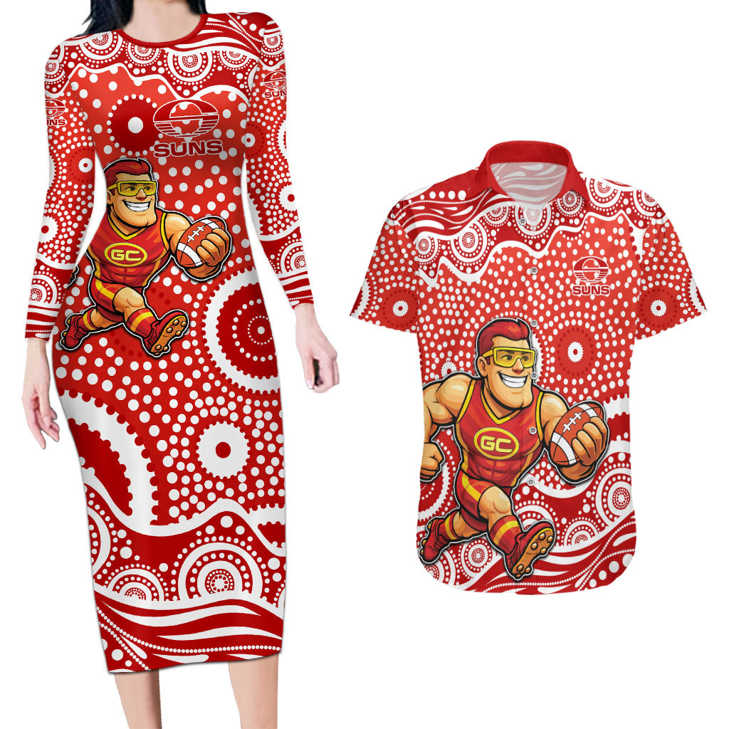 Gold Coast Suns Couples Matching Long Sleeve Bodycon Dress and Hawaiian Shirt Aboriginal Dot Pattern - Football Mascot Heritage Pride