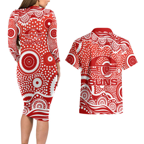 Gold Coast Suns Couples Matching Long Sleeve Bodycon Dress and Hawaiian Shirt Aboriginal Dot Pattern - Football Mascot Heritage Pride