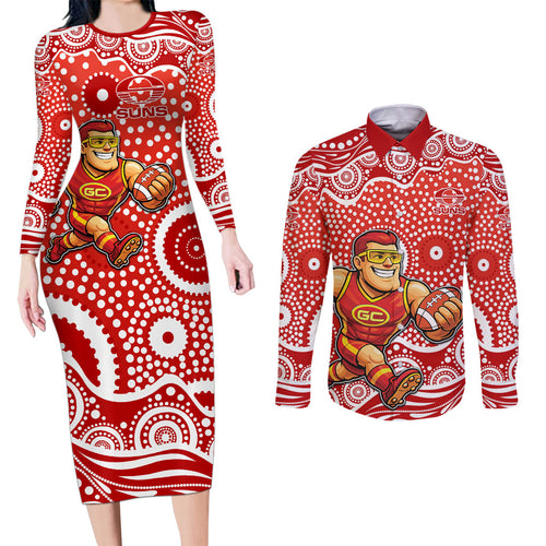 Gold Coast Suns Couples Matching Long Sleeve Bodycon Dress and Long Sleeve Button Shirt Aboriginal Dot Pattern - Football Mascot Heritage Pride