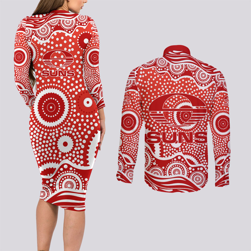 Gold Coast Suns Couples Matching Long Sleeve Bodycon Dress and Long Sleeve Button Shirt Aboriginal Dot Pattern - Football Mascot Heritage Pride