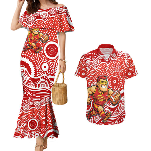 Gold Coast Suns Couples Matching Mermaid Dress and Hawaiian Shirt Aboriginal Dot Pattern - Football Mascot Heritage Pride