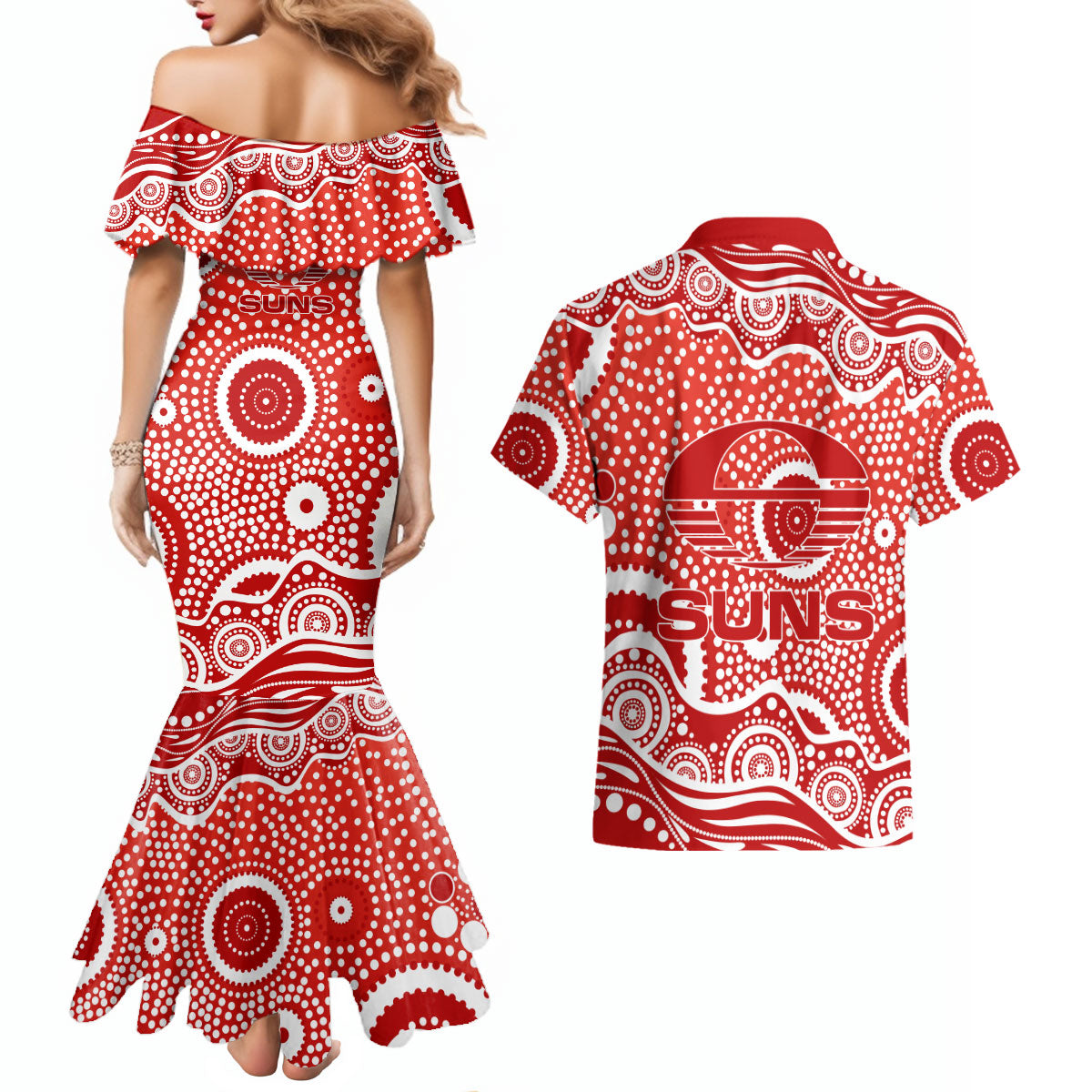 Gold Coast Suns Couples Matching Mermaid Dress and Hawaiian Shirt Aboriginal Dot Pattern - Football Mascot Heritage Pride
