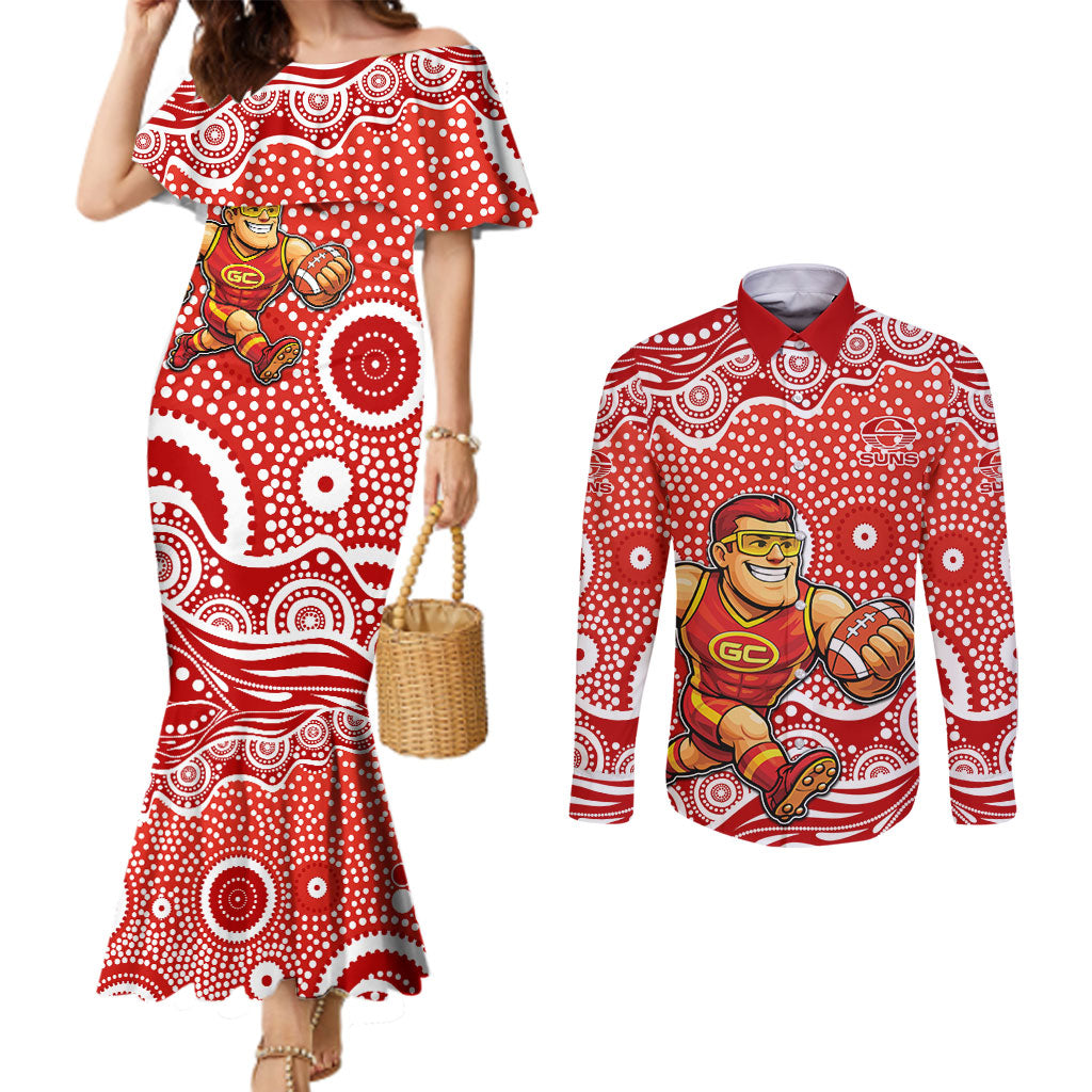 Gold Coast Suns Couples Matching Mermaid Dress and Long Sleeve Button Shirt Aboriginal Dot Pattern - Football Mascot Heritage Pride