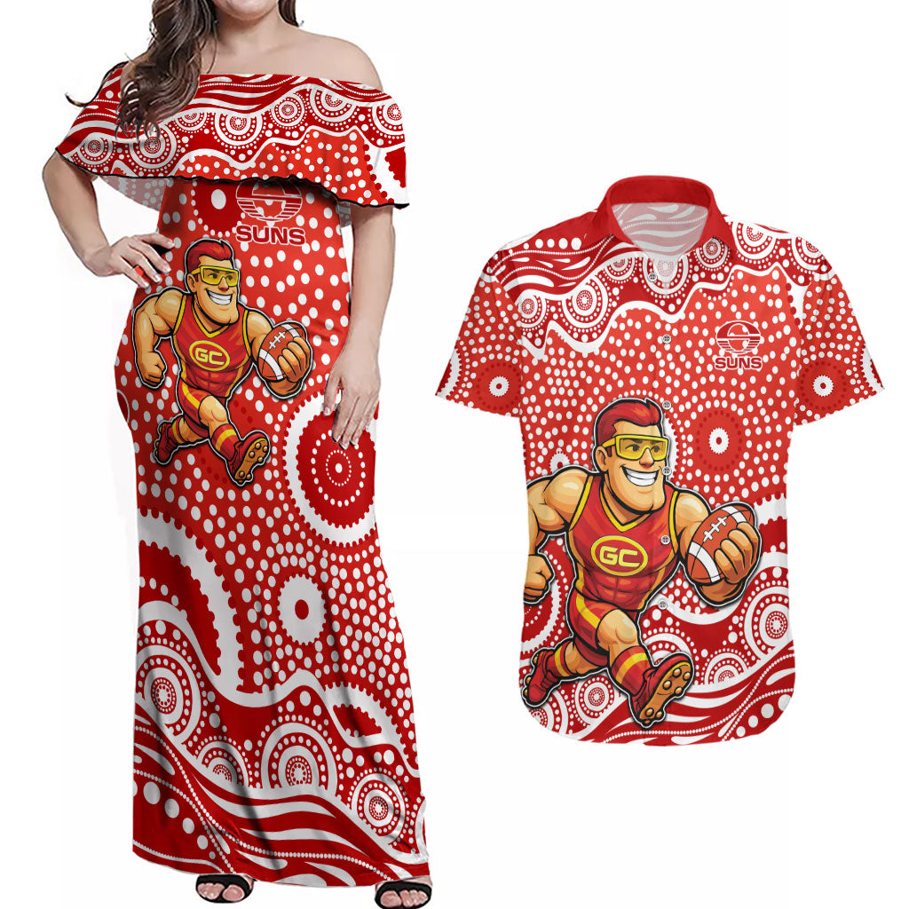 Gold Coast Suns Couples Matching Off Shoulder Maxi Dress and Hawaiian Shirt Aboriginal Dot Pattern - Football Mascot Heritage Pride