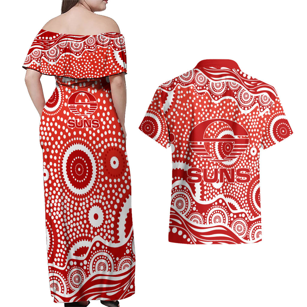 Gold Coast Suns Couples Matching Off Shoulder Maxi Dress and Hawaiian Shirt Aboriginal Dot Pattern - Football Mascot Heritage Pride