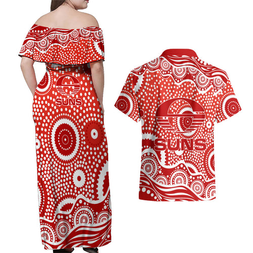 Gold Coast Suns Couples Matching Off Shoulder Maxi Dress and Hawaiian Shirt Aboriginal Dot Pattern - Football Mascot Heritage Pride