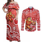 Gold Coast Suns Couples Matching Off Shoulder Maxi Dress and Long Sleeve Button Shirt Aboriginal Dot Pattern - Football Mascot Heritage Pride
