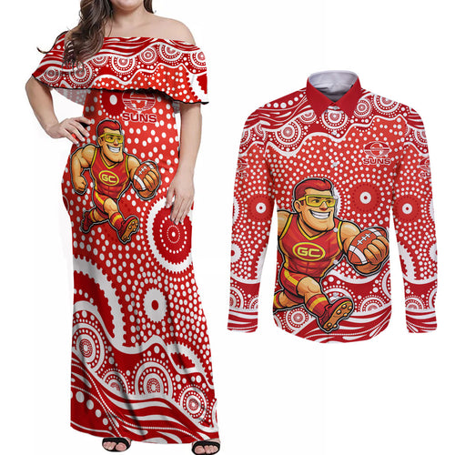 Gold Coast Suns Couples Matching Off Shoulder Maxi Dress and Long Sleeve Button Shirt Aboriginal Dot Pattern - Football Mascot Heritage Pride