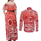 Gold Coast Suns Couples Matching Off Shoulder Maxi Dress and Long Sleeve Button Shirt Aboriginal Dot Pattern - Football Mascot Heritage Pride