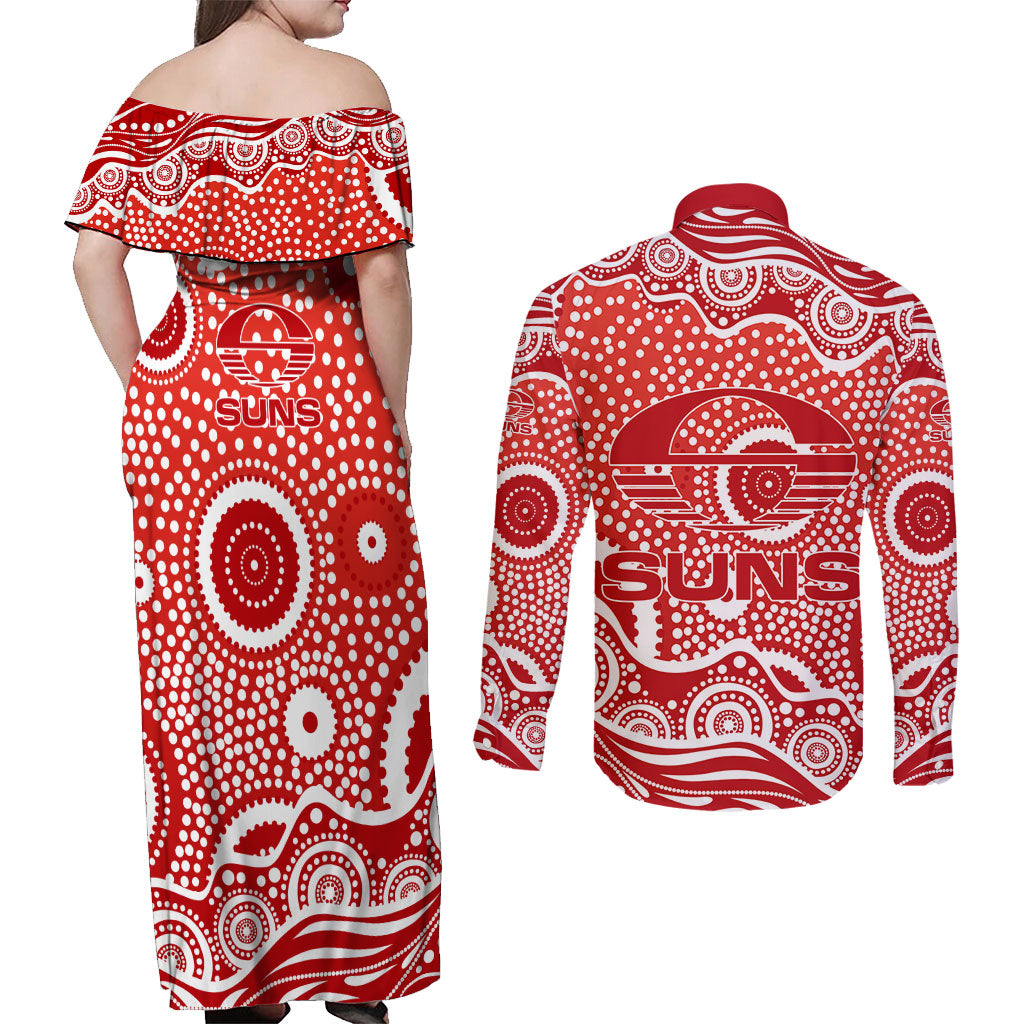Gold Coast Suns Couples Matching Off Shoulder Maxi Dress and Long Sleeve Button Shirt Aboriginal Dot Pattern - Football Mascot Heritage Pride