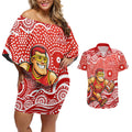 Gold Coast Suns Couples Matching Off Shoulder Short Dress and Hawaiian Shirt Aboriginal Dot Pattern - Football Mascot Heritage Pride