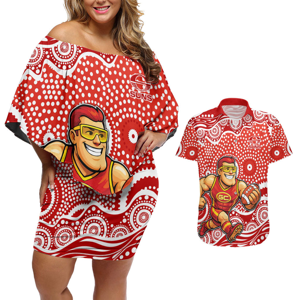 Gold Coast Suns Couples Matching Off Shoulder Short Dress and Hawaiian Shirt Aboriginal Dot Pattern - Football Mascot Heritage Pride