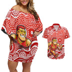 Gold Coast Suns Couples Matching Off Shoulder Short Dress and Hawaiian Shirt Aboriginal Dot Pattern - Football Mascot Heritage Pride