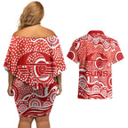 Gold Coast Suns Couples Matching Off Shoulder Short Dress and Hawaiian Shirt Aboriginal Dot Pattern - Football Mascot Heritage Pride