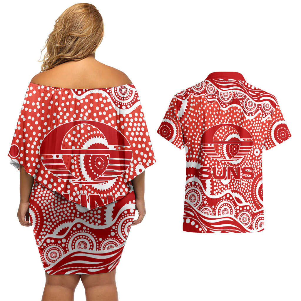 Gold Coast Suns Couples Matching Off Shoulder Short Dress and Hawaiian Shirt Aboriginal Dot Pattern - Football Mascot Heritage Pride
